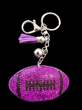Purple Rhinestone Football Bag Charm Keychain with Tassel